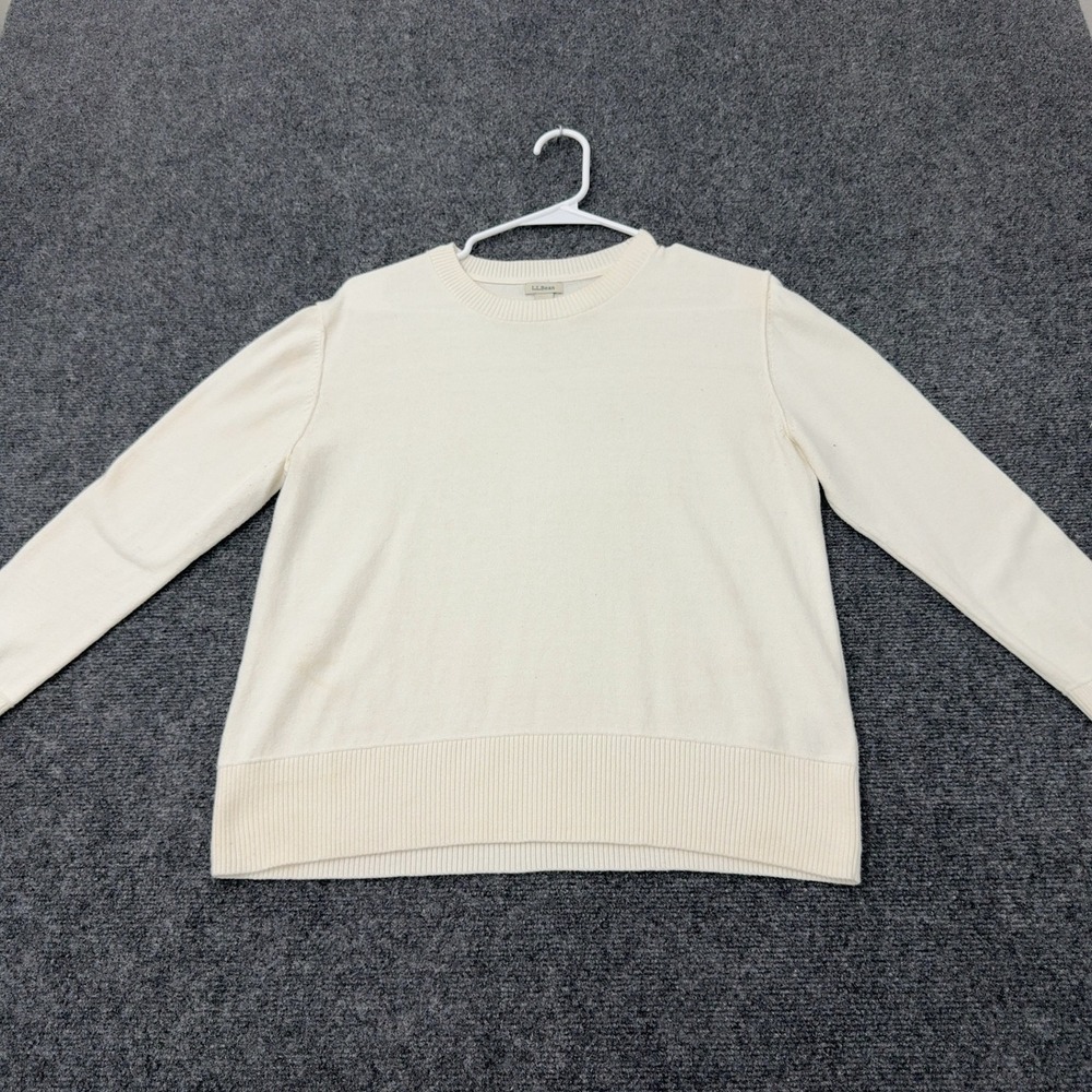 LL Bean Sweater Women M White Cotton Cashmere Crewneck Classic Preppy
